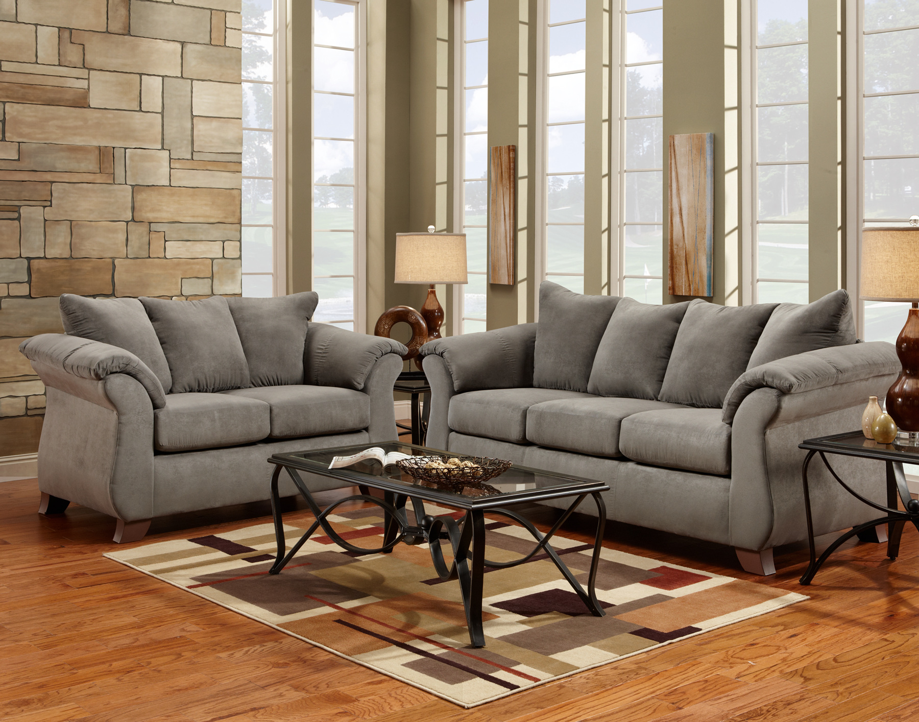 living room with grey couches